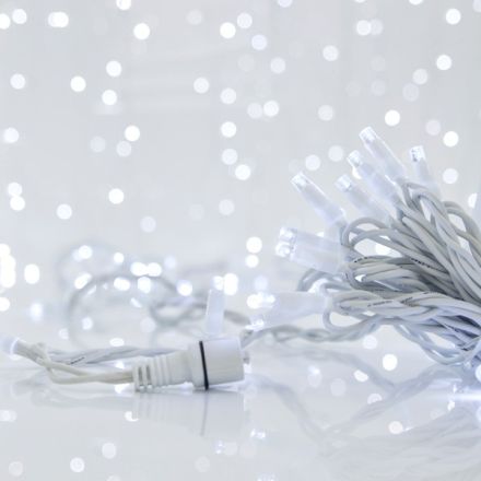 LINE, 100 LED 5mm WITH CUPS, 230V, 2 CONNECTORS UP TO 9 SET, WHITE RUBBER WIRE, WHITE LED PER 10cm, IP65 (NO LEAD WIRE)