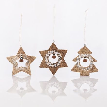 WOODEN ORNAMENTS, WITH BELL AND WHITE DETAILS, IN 3 DESIGNS, 8-9cm