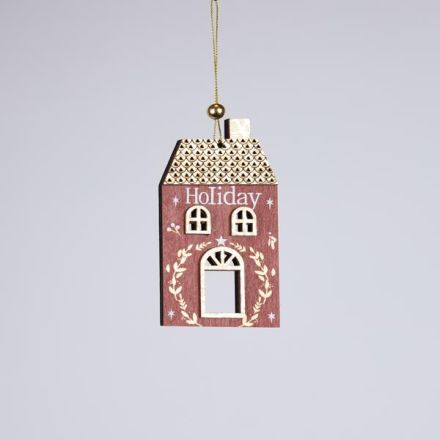 WOODEN ORNAMENT HOUSE, RED WITH GOLD, 0.5x7.5x13cm