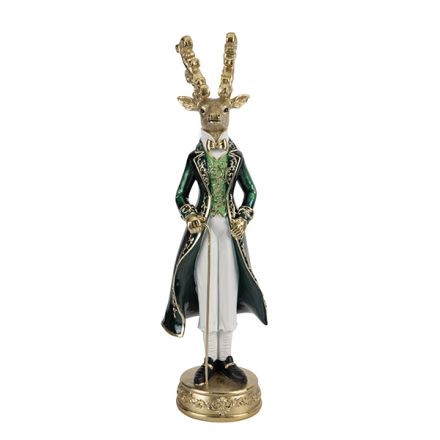 ARISTOCRATIC POLYRESIN REINDEER, WEARING EMERALD ROYAL ATTIRE, 41cm