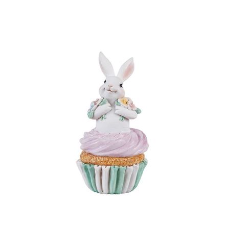 EASTER BUNNY POLYRESIN WITH MULTICOLOR FLOWERS IN THE CAKE WHITE 7.5x7.5x14.5cm
