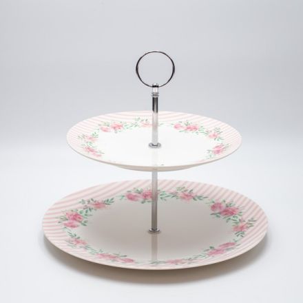 CAKE STAND 2 TIERS PORCELAIN WHITE WITH PINK FLOWERS 26cm / 20cm