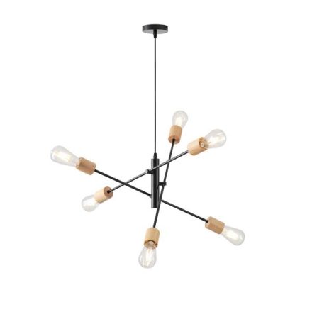 PENDANT LIGHT WOOD-METAL 6LIGHT 6XΕ27 MAX 15W Ø650X1540mm BLACK ARTE ILLUMINA EDISON