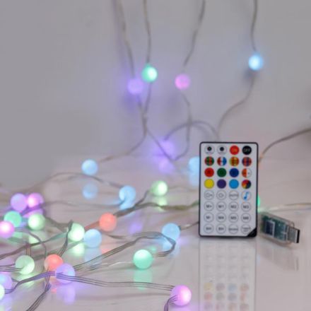 LINE, 100 SMART MINI LED, WHITE BALLS 1.5cm, USB, APP CONTROLLED, M/F, REMOTE CONTROL, TRANSPARENT FLAT COPPER WIRE, RGB LED PER 15cm, LEAD WIRE 3m, IP20 (ROLL PACK)