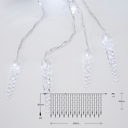 ΚΟΥΡΤΙΝΑ, 176 LED 5mm ΜΕ ΣΤΑΛΑΚΤΙΤΕΣ, 31V ΜΕΤΑΣΧΗΜΑΤΙΣΤΗ, 4 ΕΠΕΚΤΑΣΕΙΣ ΕΩΣ 3 ΣΕΤ, ΔΙΑΦΑΝΟ PVC ΚΑΛΩΔΙΟ, ΛΕΥΚΟ LED (H140 x W225cm, 16 ΣΕΙΡΕΣ), ΠΡΟΕΚΤΑΣΗ ΠΑΡΟΧΗΣ 3m, IP44