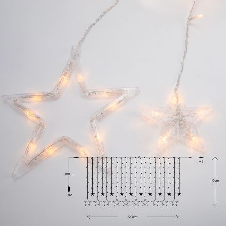 CURTAIN, 138 LED 5mm WITH STARS, 31V ADAPTOR, 4 CONNECTORS UP TO 3 SET, TRANSPARENT PVC WIRE, WARM WHITE LED (H110 x W220cm, 12 LINES), LEAD WIRE 3m, IP44