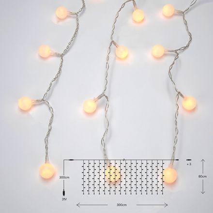 CURTAIN, 168 LED 5mm WITH WHITE BALLS Φ2cm, 31V ADAPTOR, 4 CONNECTORS UP TO 3 SET, TRANSPARENT PVC WIRE, WARM WHITE LED (H80 x W300cm, 21 LINES), LEAD WIRE 3m, IP44