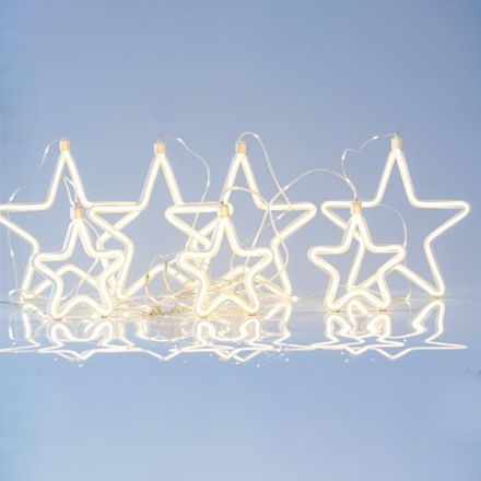 CURTAIN, 47 MINI LED, 27V ADAPTOR, 4 BIG STARS 18cm & 3 SMALL STARS 14cm WITH NEON ROPE LIGHT, 4 CONNECTORS UP TO 3 SET, SILVER COPPER WIRE, WARM WHITE LED & WARM WHITE NEON ROPE LIGHT (H108 x W150cm), LEAD WIRE 3m, IP44