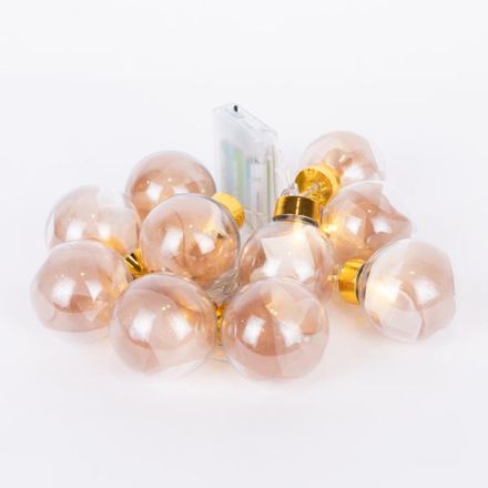 ΣΕΙΡΑ, 10 LED 5mm, ΔΙΑΚΟΣΜΗΤΙΚEΣ ΜΠΑΛΕΣ ΜΕ ΡΟΖ ΧΡΥΣΟ ΥΦΑΣΜΑ, ΜΠΑΤΑΡΙΑΣ 3ΧΑΑ, ΧΡΟΝΟΔΙΑΚΟΠΤΗ, ΘΕΡΜΟ ΛΕΥΚΟ LED ΑΝΑ 15cm,  ΔΙΑΦΑΝΟ PVC ΚΑΛΩΔΙΟ, ΠΡΟΕΚΤΑΣΗ ΠΑΡΟΧΗΣ 30cm, IP20