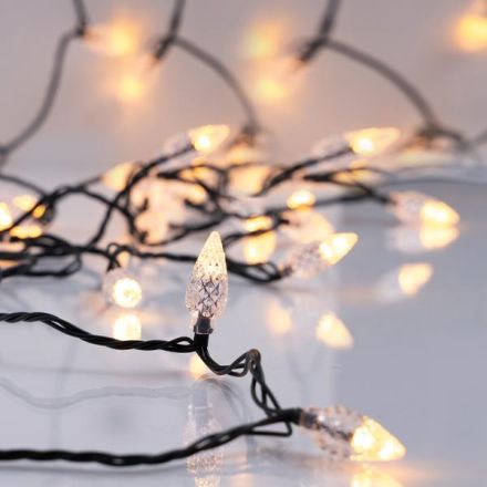 LINE, 100 LED 5mm, TRANSPARENT DIAMONDS 3cm, 31V ADAPTOR, STEADY, GREEN PVC WIRE, WARM WHITE LED PER 10cm, LEAD WIRE 3m, IP44