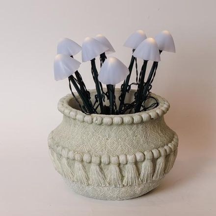 LINE, 8 LED 5mm, WHITE PLASTIC MOUSHROOM H20cm, SOLAR PANEL WITH LIGHT SENSOR, GREEN PVC WIRE, WARM WHITE LED PER 50cm, LEAD WIRE 1m, IP44