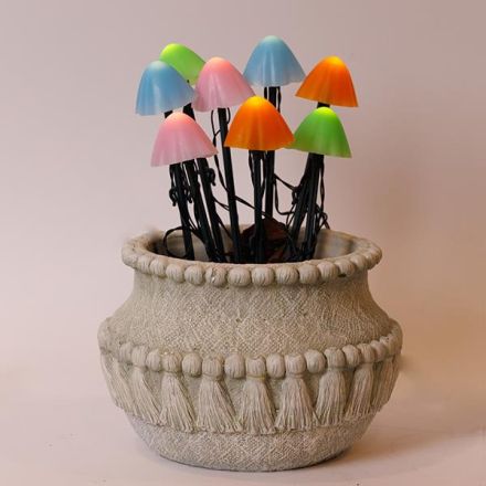 LINE, 8 LED 5mm, MULTI PLASTIC MOUSHROOM H20cm, SOLAR PANEL WITH LIGHT SENSOR, GREEN PVC WIRE, WARM WHITE LED PER 50cm, LEAD WIRE 1m, IP44