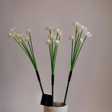 LINE, 3 SET PLASTIC MUSHROOMS 75cm, 6 BRANCHES EACH SET, SOLAR PANEL WITH LIGHT SENSOR, 18 WARM WHITE LED, LEAD WIRE 1m, IP44