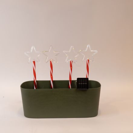 LINE, 36 MINI LED, 4 PLASTIC STARS 10cm WITH GROUND STICKS 32cm, SOLAR PANEL WITH LIGHT SENSOR, 8 M/F, TRANSPARENT FLAT COPPER WIRE, WARM WHITE LED PER 1m, LEAD WIRE 1m, IP44