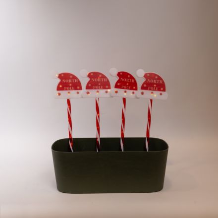 LINE, 36 MINI LED, 4 SANTA HAT 12cm WITH GROUND STICKS 37cm, SOLAR PANEL WITH LIGHT SENSOR, 8 M/F, TRANSPARENT FLAT COPPER WIRE, WARM WHITE LED PER 1m, IP44