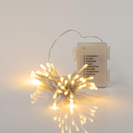 LINE, 24 LED 3mm, BATTERY BOX 3xAA, 8 M/F & MEMORY, TIMER, TRANSPARENT PVC WIRE, WARM WHITE LED PER 10cm, LEAD WIRE 30cm, IP44 (DISPLAY BOX 24pcs)