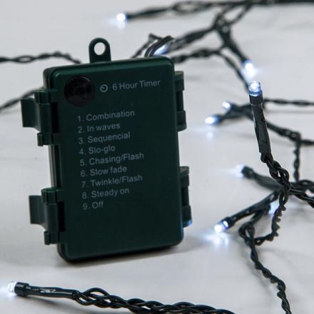 LINE, 96 LED 3mm, BATTERY BOX 3xAA, 8 M/F & MEMORY, TIMER, GREEN PVC WIRE, WHITE LED PER 10cm, LEAD WIRE 30cm, IP44 (DISPLAY BOX 16pcs)
