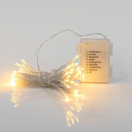 LINE, 96 LED 3mm, BATTERY BOX 3xAA, 8 M/F & MEMORY, TIMER, TRANSPARENT PVC WIRE, WARM WHITE LED PER 10cm, LEAD WIRE 30cm, IP44 (DISPLAY BOX 16pcs)