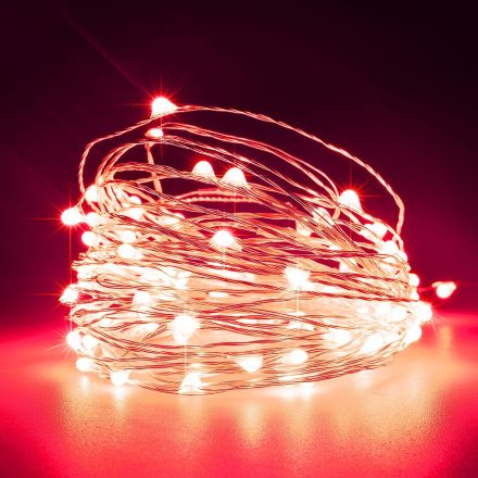 LINE, 100 MINI LED, ADAPTOR, STEADY, SILVER COPPER WIRE, RED LED PER 10cm, LEAD WIRE 5m, IP44