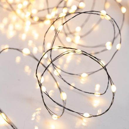 LINE, 320 LARGE MILKY MINI LED, ADAPTOR, STEADY, GREEN COPPER WIRE, WARM WHITE LED PER 5cm, LEAD WIRE 3m, IP44