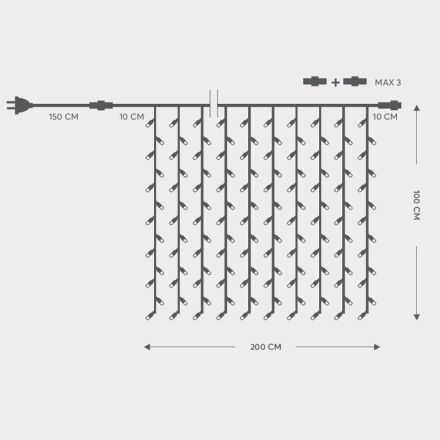 CURTAIN, 200 LED 5mm WITH CUPS, 230V, 3 CONNECTORS UP TO 5 SET, GREEN RUBBER WIRE, WARM WHITE LED (H100 x W200cm, 20 LINES x 10 LED), LEAD WIRE 1.5m, IP65