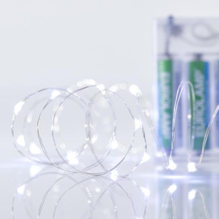 ΣΕΙΡΑ, 20 MINI LED, ΜΠΑΤΑΡΙΑΣ 3xAA, ΑΣΗΜΙ ΧΑΛΚΙΝΟ ΚΑΛΩΔΙΟ, ΛΕΥΚΟ LED ΑΝΑ 10cm, ΠΡΟΕΚΤΑΣΗ ΠΑΡΟΧΗΣ 10cm, IP20