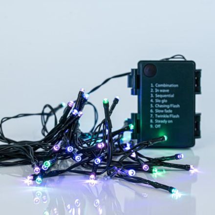 LINE, 48 LED 3mm, BATTERY BOX 3xAA, 8 M/F & MEMORY, TIMER, GREEN PVC WIRE, OPAL MULTI LED PER 7.5cm, LEAD WIRE 50cm, IP44