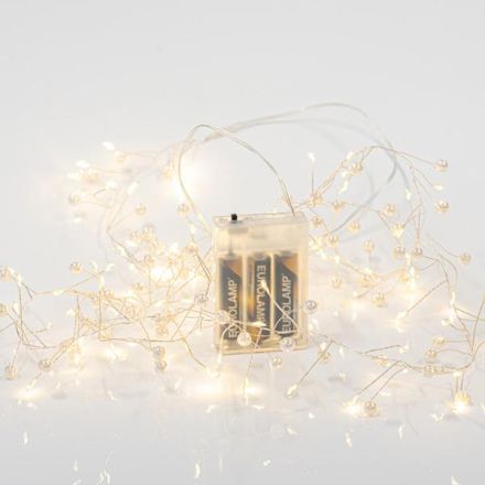 CLUSTER 2m, 120 MINI LED, PEARLS, BATTERY BOX 3xAA, SILVER COPPER WIRE, WARM WHITE LED, LEAD WIRE 50cm, IP20
