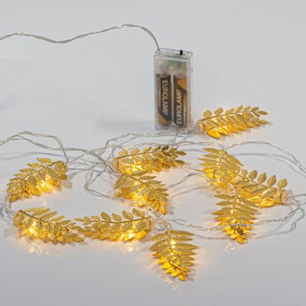 LINE, 10 LED 5mm, GOLDEN METAL LEAVES 6cm, BATTERY BOX 2xAA, TIMER, TRANSPARENT PVC WIRE, WARM WHITE LED PER 10cm, LEAD WIRE 50cm, IP20