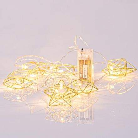 ΣΕΙΡΑ, 10 LED 5mm, ΧΡΥΣΑ ΜΕΤΑΛΛΙΚΑ ΑΣΤΕΡΙΑ, ΜΠΑΤΑΡΙΑΣ 2xAA, ΔΙΑΦΑΝΟ PVC ΚΑΛΩΔΙΟ, ΘΕΡΜΟ ΛΕΥΚΟ LED ΑΝΑ 15cm, ΠΡΟΕΚΤΑΣΗ ΠΑΡΟΧΗΣ 30cm, IP20