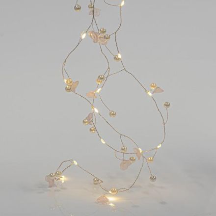 LINE, 20 MINI LED, ACRYLIC FLOWERS & PEARLS, BATTERY BOX 2xAA, TIMER, SILVER COPPER WIRE, WARM WHITE LED PER 7.5cm, LEAD WIRE 50cm, IP20