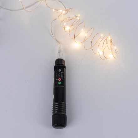 LINE, 160 MINI LED WITH POWER BANK CHARGER, 3V-4.5V, BATTERY 800 mAh, 8 M/F, REMOTE CONTROL (TIMER & DIMMER), SILVER COPPER WIRE, WARM WHITE LED PER 10cm, LEAD WIRE 30cm, IP44