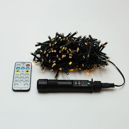 LINE, 400 LED 3mm WITH POWER BANK CHARGER, 24V-31V, BATTERY 1800 mAh, 8 M/F, REMOTE CONTROL (TIMER & DIMMER), GREEN PVC WIRE, WARM WHITE LED PER 10cm, LEAD WIRE 3m, IP44