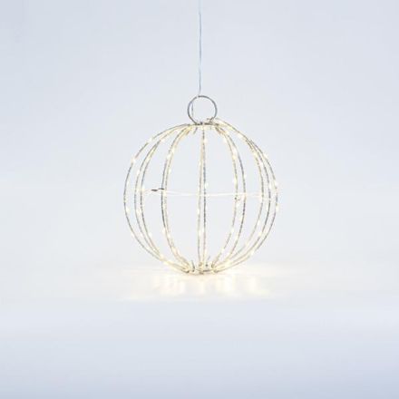 SILVER METAL BALL LIGHTED 20cm, 96 MINI LED, ADAPTOR STEADY, SILVER COPPER WIRE, WARM WHITE LED, LEAD WIRE 3m, IP44