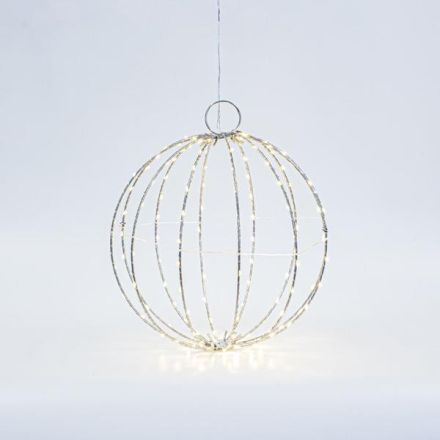 SILVER METAL BALL LIGHTED 30cm, 144 MINI LED, ADAPTOR STEADY, SILVER COPPER WIRE, WARM WHITE LED, LEAD WIRE 3m, IP44