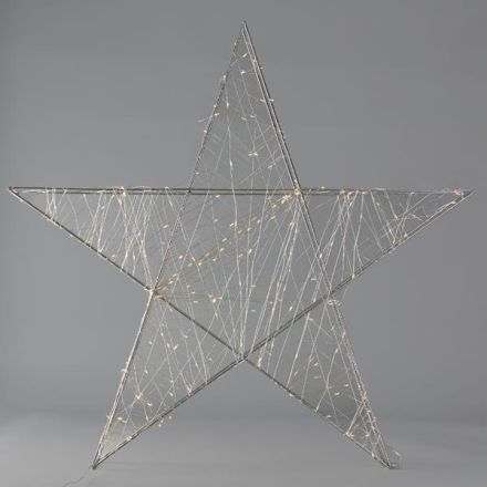 LIGHTED STAR 78cm, 240 LED, ADAPTOR, TIMER, SILVER METAL FRAME, SILVER COPPER WIRE, WARM WHITE LED, LEAD WIRE 5m, IP44