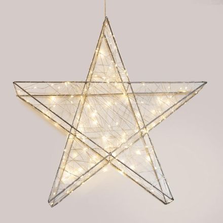 LIGHTED STAR 110cm, 480 LED, 4,5V ADAPTOR, TIMER, SILVER METAL FRAME, SILVER COPPER WIRE, WARM WHITE LED, LEAD WIRE 5m, IP44