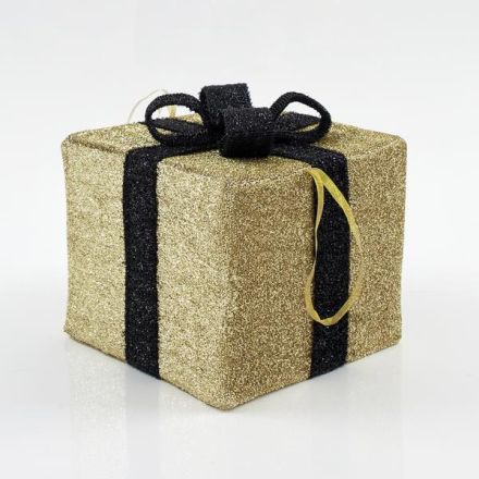 FABRIC GIFT BOX, GOLD WITH BLACK RIBBON, 30cm