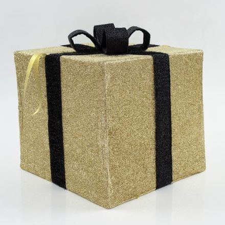 FABRIC GIFT BOX, GOLD WITH BLACK RIBBON, 50cm