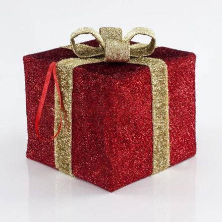 FABRIC GIFT BOX, RED WITH GOLD RIBBON, 30cm