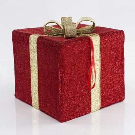 FABRIC GIFT BOX, RED WITH GOLD RIBBON, 40cm
