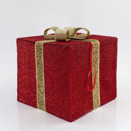 FABRIC GIFT BOX, RED WITH GOLD RIBBON, 50cm