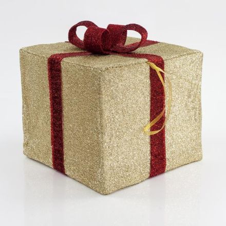 FABRIC GIFT BOX, GOLD WITH RED RIBBON, 40cm