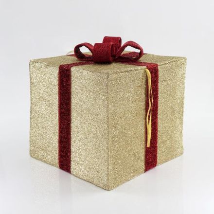 FABRIC GIFT BOX, GOLD WITH RED RIBBON, 50cm
