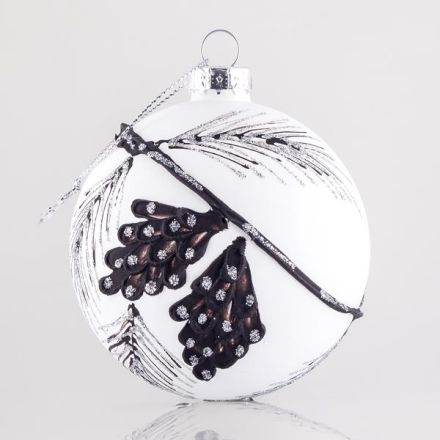 WHITE GLASS BALL, WITH EMPOSSED DESIGNS, SET 4PCS, 8cm