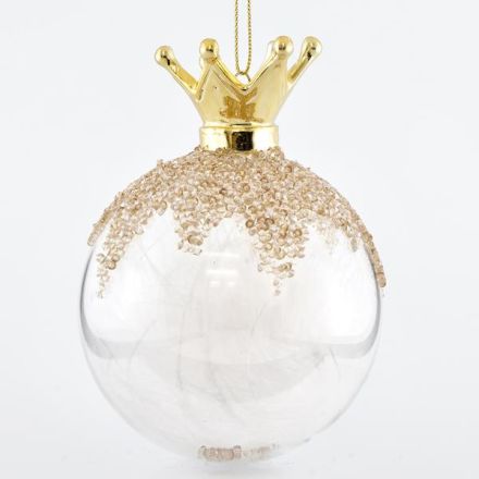 TRANSPARENT GLASS BALL, WITH CROWN ON TOP AND FEATHER INSIDE, SET 2PCS, 10cm