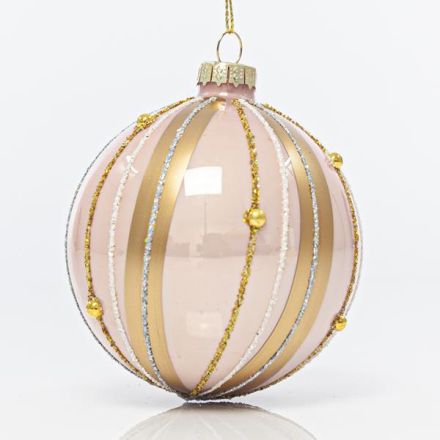 GLASS PINK BALL, WITH ROSE GOLD LINES, SET 4PCS, 8cm