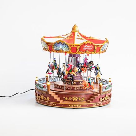 CAROUSSEL RED ANIMALS, 28 LED, WITH MOVEMENT AND MUSIC, WITH ADAPTOR, 30.5x31cm