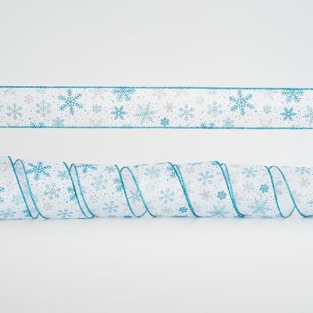 WHITE RIBBON, WITH SILVER AND BLUE SNOWFLAKES, 6,35cm, 10Y