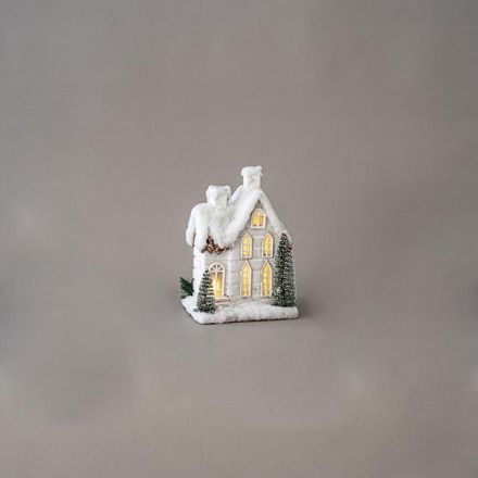SNOWY LIGHTED HOUSE, 4 LED, BATTERY OPERATED, 19x17x31cm